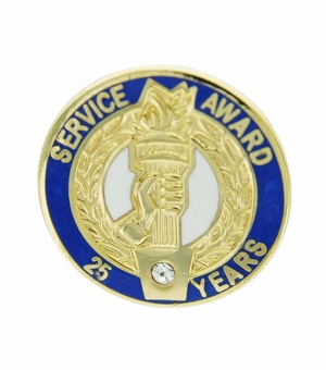 3/4 Inch in Diameter 25 Year Service Award Pin with Crystal