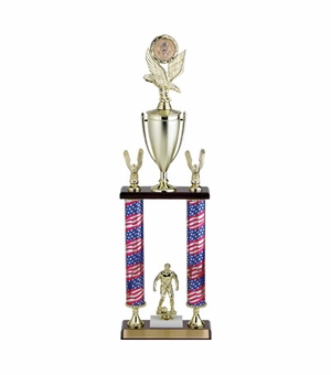 26-1/2, 27-1/2, 28-1/2 INCH TWO COLUMN STARS AND STRIPES  TROPHY WITH CUP, EAGLE TRIMS, HOLDS 2  INCH INSERT AND TAKES FIGURE