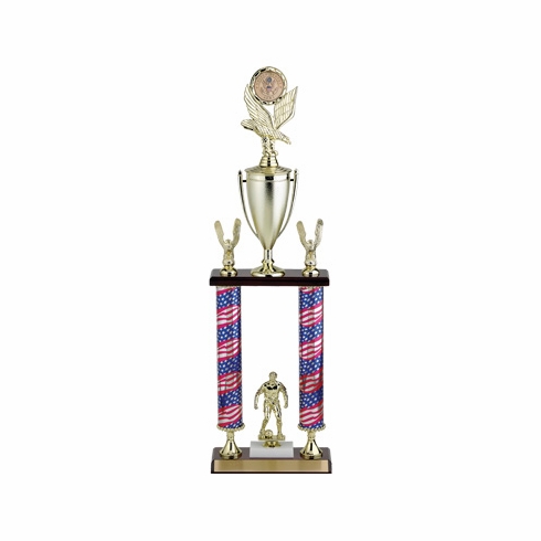 26-1/2, 27-1/2, 28-1/2 INCH TWO COLUMN STARS AND STRIPES  TROPHY WITH CUP, EAGLE TRIMS, HOLDS 2  INCH INSERT AND TAKES FIGURE