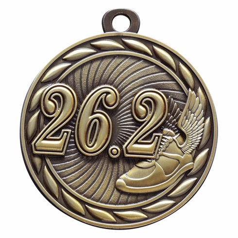 Die-Cast Metal 2-Inch in Diameter Round 26.2 Run Medal with Cutomizable Back in Antique Gold