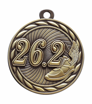 Die-Cast Metal 2-Inch in Diameter Round 26.2 Run Medal with Cutomizable Back in Antique Gold