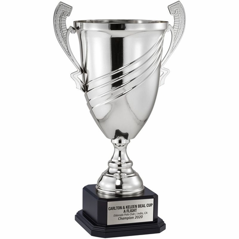 26 INCH SILVER METAL SWIRL CUP ON MARBLE BASE
