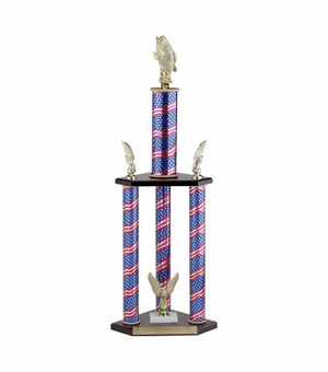 27-1/2, 31-1/2, 35-1/2 INCH FOUR COLUMN STARS AND STRIPES TROPHY WITH EAGLE TRIMS AND TAKES FIGURE