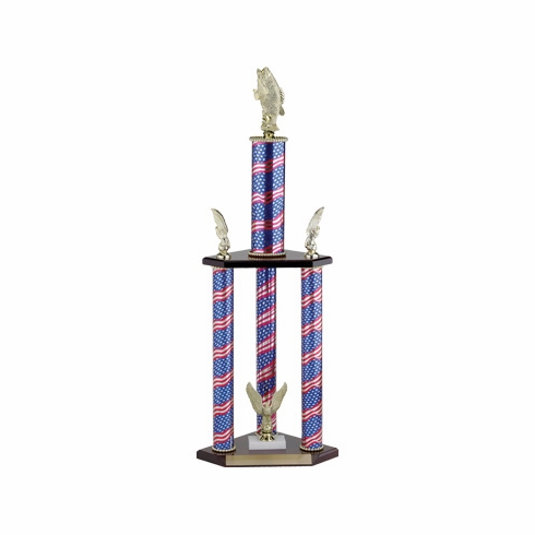 27-1/2, 31-1/2, 35-1/2 INCH FOUR COLUMN STARS AND STRIPES TROPHY WITH EAGLE TRIMS AND TAKES FIGURE