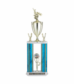 27, 28, 29 INCH SPLASH TWO COLUMN TROPHY WITH CUP, EAGLE TRIMS, RISER HOLDS 2 INCH INSERT AND TAKES FIGURE