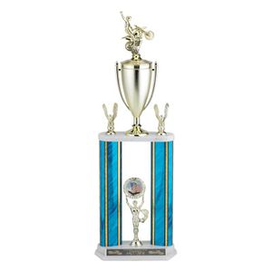 27, 28, 29 INCH SPLASH TWO COLUMN TROPHY WITH CUP, EAGLE TRIMS, RISER HOLDS 2 INCH INSERT AND TAKES FIGURE