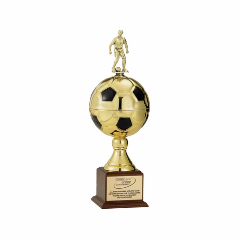 27 INCH GOLD SOCCER BALL TROPHY WITH 9 INCH DIAMETER BALL, TAKES FIGURE