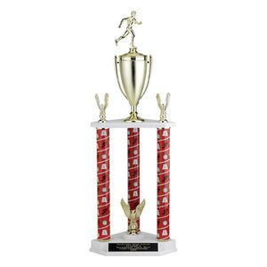 28-1/2, 31-1/2, 34-1/2 INCH THREE COLUMN TROPHY WITH CUP  AND TRIMS