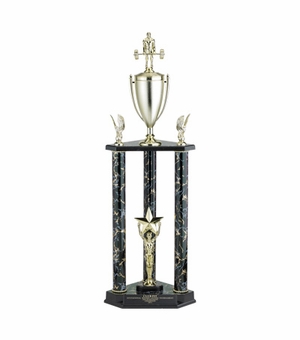 28-1/2, 31-1/2, 34-1/2 INCH THREE COLUMN TROPHY WITH CUP, TRIMS, RISER AND TAKES FIGURE