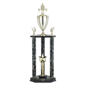 28-1/2, 31-1/2, 34-1/2 INCH THREE COLUMN TROPHY WITH CUP, TRIMS, RISER AND TAKES FIGURE