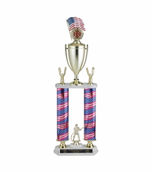 28, 29, 30 INCH  TWO COLUMN STARS AND STRIPES TROPHY WITH CUP, EAGLE TRIMS, HOLDS 2 INCH INSERT AND TAKES FIGURE