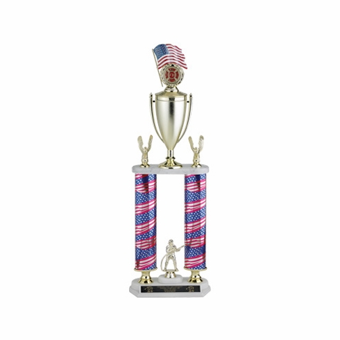 28, 29, 30 INCH  TWO COLUMN STARS AND STRIPES TROPHY WITH CUP, EAGLE TRIMS, HOLDS 2 INCH INSERT AND TAKES FIGURE