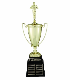 28 INCH  PERPETUAL TROPHY WITH 13 INCH GOLD CUP ON BLACK BASE