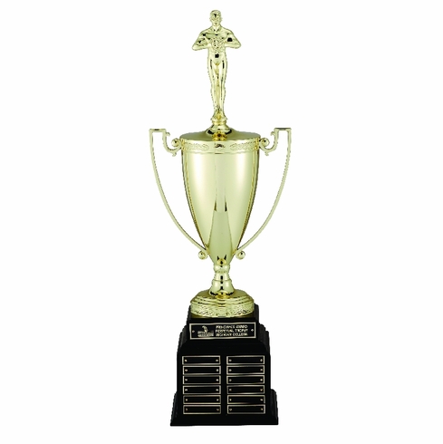 28 INCH  PERPETUAL TROPHY WITH 13 INCH GOLD CUP ON BLACK BASE, 48 PLATES