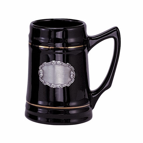 28 OUNCE BLACK CERAMIC BEER MUG WITH PEWTER CASTING