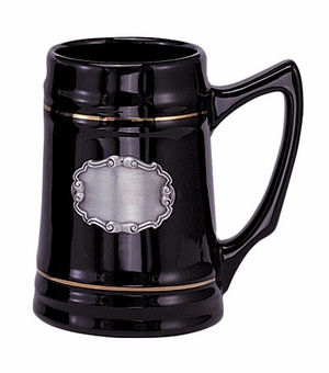 28 OUNCE BLACK CERAMIC BEER MUG WITH PEWTER CASTING