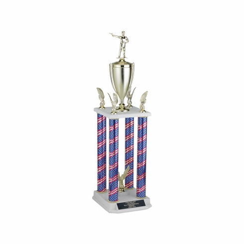 29, 32, 35 INCH FOUR COLUMN STARS AND STRIPES TROPHY WITH CUP, EAGLE TRIMS AND TAKES FIGURE