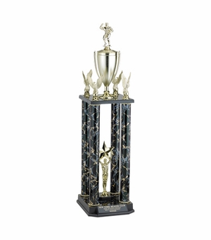 29, 32, 35 INCH FOUR COLUMN TROPHY WITH CUP, FIGURE AND EAGLE TRIMS