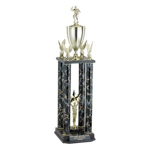 29, 32, 35 INCH FOUR COLUMN TROPHY WITH CUP, FIGURE AND EAGLE TRIMS