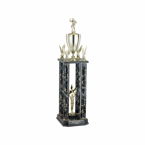 29, 32, 35 INCH FOUR COLUMN TROPHY WITH CUP, FIGURE AND EAGLE TRIMS