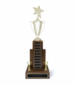 29 INCH GOLD METAL CUP PERPETUAL TROPHY WITH STAR FIGURE ON TOP ON GENUINE WALNUT BASE-16 NAME PLATES