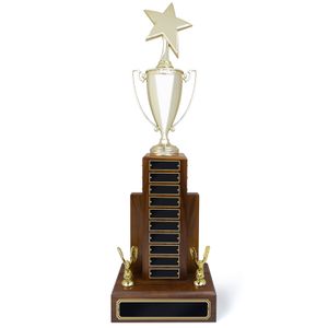 29 INCH GOLD METAL CUP PERPETUAL TROPHY WITH STAR FIGURE ON TOP ON GENUINE WALNUT BASE-16 NAME PLATES