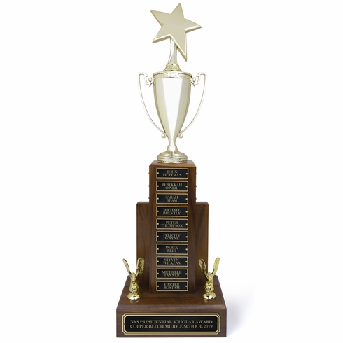 29 INCH GOLD METAL CUP PERPETUAL TROPHY WITH STAR FIGURE ON TOP ON GENUINE WALNUT BASE-16 NAME PLATES