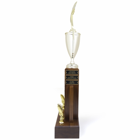 29 INCH GOLD METAL CUP PERPETUAL TROPHY WITH STAR FIGURE ON TOP ON GENUINE WALNUT BASE-16 NAME PLATES