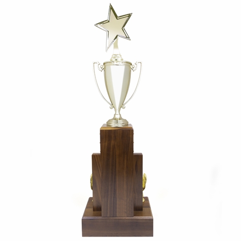 29 INCH GOLD METAL CUP PERPETUAL TROPHY WITH STAR FIGURE ON TOP ON GENUINE WALNUT BASE-16 NAME PLATES