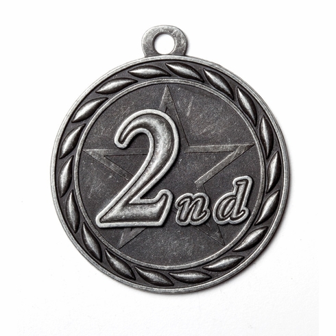 Metal 2-Inch in Diameter Round 2nd Place Medal with Cutomizable Back in Antique Silver