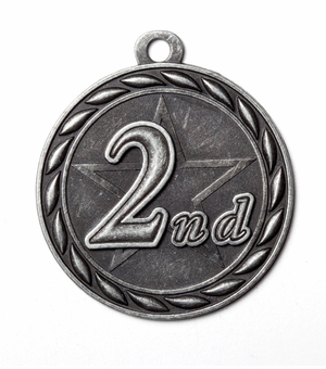 Metal 2-Inch in Diameter Round 2nd Place Medal with Cutomizable Back in Antique Silver
