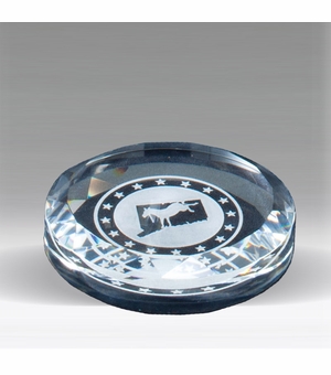 3-1/2 INCH ROUND CRYSTAL PAPERWEIGHT CUT AND BEVELED EDGE