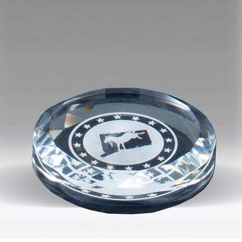 3-1/2 INCH ROUND CRYSTAL PAPERWEIGHT CUT AND BEVELED EDGE