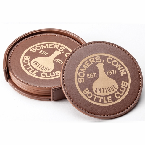 3-1/2" LEATHERETTE COASTERS IN BROWN/TAN FOR LAZER ENGRAVING