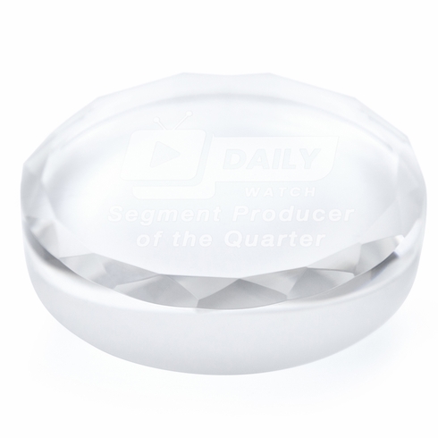 3-1/2 x 1/2 INCH OPTICAL CRYSTAL ROUND FACETED PAPERWEIGHT