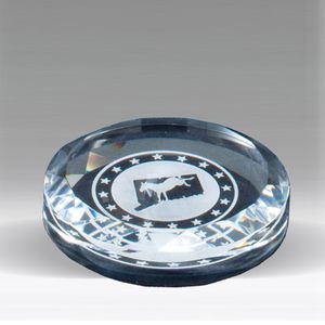 3-1/2 INCH ROUND CRYSTAL PAPERWEIGHT CUT AND BEVELED EDGE