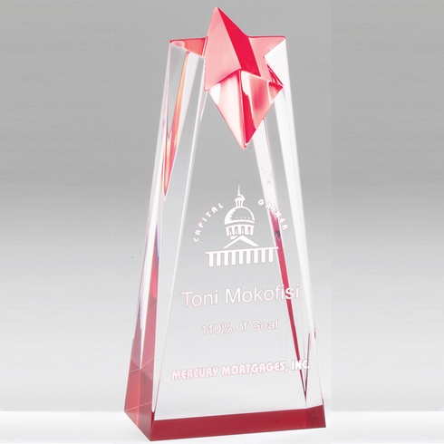 3-1/2" x 10" x 2" RED ACRYLIC STAR TROPHY WITH RED REFLECTIVE BASE