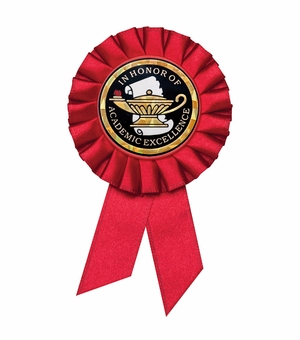 3-1/2" x 6" ROSETTE RED RIBBON, 2 STREAMER HOLDS 2" MYLAR INSERT
