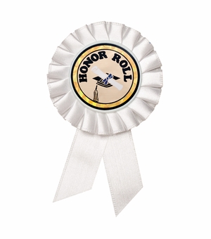 3-1/2" x 6" ROSETTE WHITE RIBBON, 2 STREAMER HOLDS 2" MYLAR INSERT