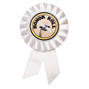 3-1/2" x 6" ROSETTE WHITE RIBBON, 2 STREAMER HOLDS 2" MYLAR INSERT