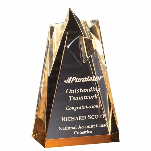 3-1/2" x 6" x 2" GOLD ACRYLIC STAR TOWER AWARE WITH GOLD REFLECTIVE BASE