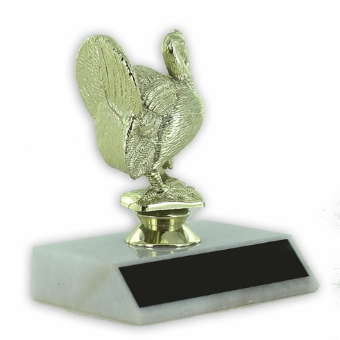 3-3/4 INCH TURKEY FIGURE TROPHY ON WHITE MARBLE BASE 