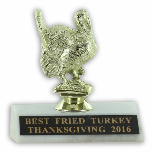 3-3/4 INCH TURKEY FIGURE TROPHY ON WHITE MARBLE BASE 