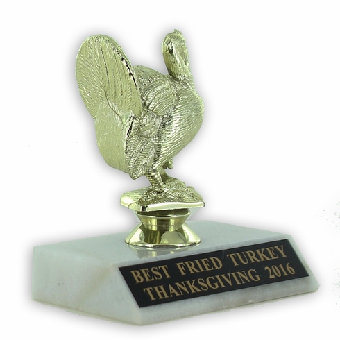 3-3/4 INCH TURKEY FIGURE TROPHY ON WHITE MARBLE BASE 