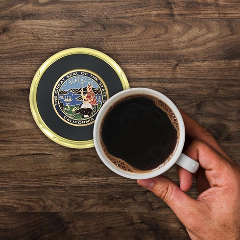 3-5/8 INCH BRIGHT GOLD AND LEATHERETTE COASTER WITH 2 INCH STATE OF CALIFORNIA ETCHED ENAMELED BRASS MEDALLION INSERT