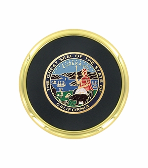 3-5/8 INCH BRIGHT GOLD AND LEATHERETTE COASTER WITH 2 INCH STATE OF CALIFORNIA ETCHED ENAMELED BRASS MEDALLION INSERT