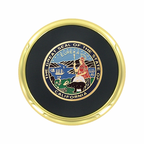 3-5/8 INCH BRIGHT GOLD AND LEATHERETTE COASTER WITH 2 INCH STATE OF CALIFORNIA ETCHED ENAMELED BRASS MEDALLION INSERT