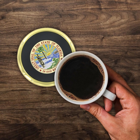 3-5/8 Inch Bright Gold And Leatherette Coaster With 2 Inch State Of Florida Etched Enameled Brass Medallion Insert