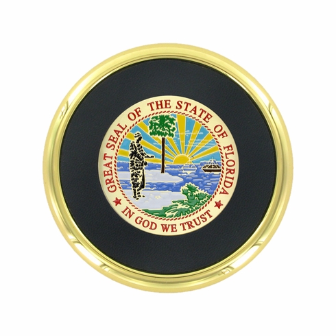 3-5/8 Inch Bright Gold And Leatherette Coaster With 2 Inch State Of Florida Etched Enameled Brass Medallion Insert
