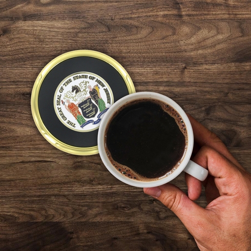 3-5/8 Inch Bright Gold And Leatherette Coaster With 2 Inch State Of New Jersey Etched Enameled Brass Medallion Insert